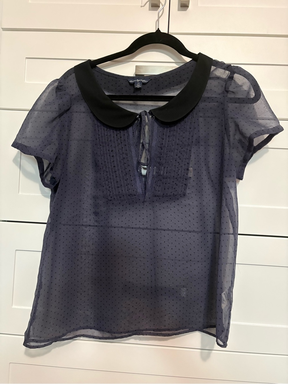 American Eagle Navy Sheer Dot Blouse with Black Peter Pan Collar, size - L